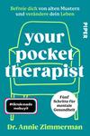 Das Buchcover zeigt einen hellen, türkisfarbenen Hintergrund mit einer stilisierten, weißen Stuhl-Illustration im Zentrum. Der Titel „your pocket therapist“ steht in großen, weißen Buchstaben und hebt sich markant ab. Unter dem Titel sind in einer etwas kleineren, grünen Schrift die Worte „Fünf Schritte für mentale Gesundheit“ platziert. Am unteren Rand befindet sich ein schwarzes, boxartiges Label mit dem Hashtag „#tiktokmade mebuyit“ in weißer Schrift. Der Name der Autorin, Dr. Annie Zimmermann, ist ebenfalls sichtbar.