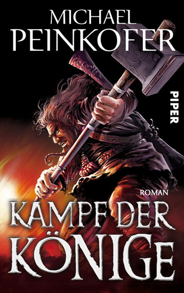 Das Buchcover zeigt einen muskulösen Krieger mit zerzausten Haaren, der entschlossen einen imposanten Streitkolben hebt. Die Farbpalette umfasst kräftige Rot- und Schwarztöne, die eine dramatische Atmosphäre schaffen. Der Titel „Kampf der Könige“ ist in großen, weißen Buchstaben platziert, während der Autorenname „Michael Peinkofer“ oben in einem kleineren, eleganten Font steht. Am rechten Rand befindet sich das Verlagslogo „PIPER“.