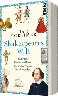 Das Buchcover zeigt eine collageartige Anordnung historischer Illustrationen, darunter Figuren in prächtigen Gewändern und eine Musiknote. Der Hintergrund ist in sanften Farbtönen gehalten, die von einem hellen Blau und Weiß dominieren. Der Titel „Shakespeares Welt“ ist in auffälliger, blauer Schrift in der Mitte platziert, gefolgt von dem Untertitel „So lebten, liebten und litten die Menschen im 16. Jahrhundert“ in kleineren, grauen Buchstaben. Der Autorennamen „Ian Mortimer“ steht darüber, ebenfalls in blauer Schrift.