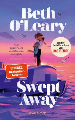 Das Buchcover zeigt eine stilisierte Landschaft bei Sonnenuntergang mit sanften Pastellfarben in lila, pink und orange. Im Vordergrund ist eine Frau in einem blauen Outfit, die auf einem Boot steht und den Blick in die Ferne richtet. Der Titel „Swept Away“ ist in großer, schwungvoller Schrift in Weiß gehalten. Oben befindet sich der Text „Von der Bestsellerautorin von Love to Share“ und unten das Label „SPIEGEL Bestseller-Autorin“.
