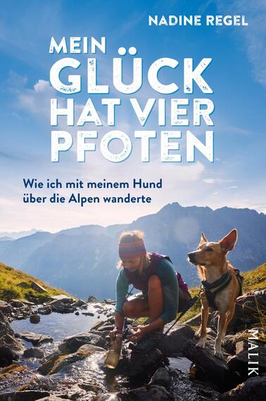 Das Buchcover zeigt eine Wanderin in einer alpinen Landschaft, die neben ihrem Hund an einem klaren Bächlein sitzt. Die dominierenden Farben sind Blau und Grün, die die Weite des Himmels und der Berge widerspiegeln. Der Titel „Mein Glück hat vier Pfoten“ ist in großen, weißen Buchstaben gestaltet, wobei das Wort „Glück“ akzentuiert ist. Darunter steht der Untertitel „Wie ich mit meinem Hund über die Alpen wanderte“ in einer schlichteren Schrift. Der Autorinnenname „Nadine Regel“ ist prominent oben platziert.