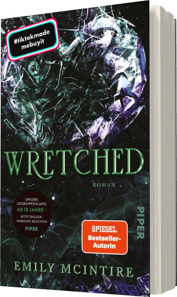 Das Buchcover zeigt ein faszinierendes, dunkles Design mit einem glasartigen, herzförmigen Element in verschiedenen Grüntönen, das vor einem schwarzen Hintergrund strahlt. Der Titel „WRETCHED“ ist in auffälliger, grüner Typografie direkt unterhalb des Herzmotivs platziert. Darunter steht „Roman“ in kleinerer Schrift. In der oberen linken Ecke befindet sich ein rotes Label mit dem Hashtag „#tiktokmade“, während im unteren Bereich ein orangefarbenes Feld „SPIEGEL Bestseller-Autorin“ anzeigt. Die Atmosphäre wirkt geheimnisvoll und anziehend.