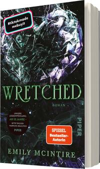 Das Buchcover zeigt ein faszinierendes, dunkles Design mit einem glasartigen, herzförmigen Element in verschiedenen Grüntönen, das vor einem schwarzen Hintergrund strahlt. Der Titel „WRETCHED“ ist in auffälliger, grüner Typografie direkt unterhalb des Herzmotivs platziert. Darunter steht „Roman“ in kleinerer Schrift. In der oberen linken Ecke befindet sich ein rotes Label mit dem Hashtag „#tiktokmade“, während im unteren Bereich ein orangefarbenes Feld „SPIEGEL Bestseller-Autorin“ anzeigt. Die Atmosphäre wirkt geheimnisvoll und anziehend.
