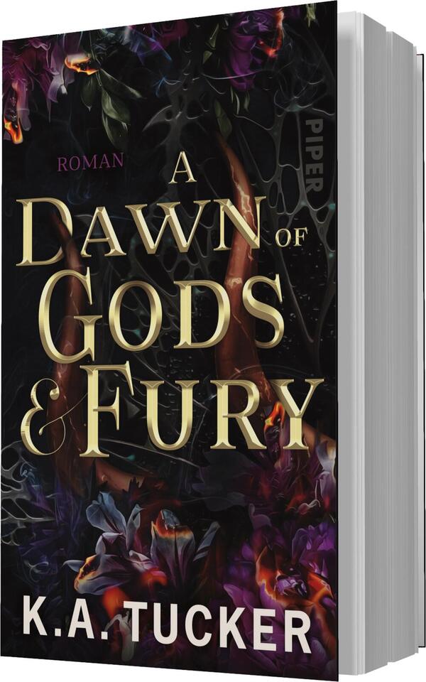 Das Buchcover zeigt einen düsteren Hintergrund, der mit einer Vielzahl von floralen Elementen in tiefen Lila- und Rottönen durchzogen ist. Im Zentrum steht der Titel „A DAWN OF GODS & FURY“ in großen goldenen Buchstaben, die eine kraftvolle und mystische Atmosphäre erzeugen. Der Name der Autorin „K.A. Tucker“ ist in etwas kleinerer Schriftgröße am unteren Rand platziert. Der Gesamtstil vermittelt ein Gefühl von Spannung und Drama. Oben ist das Wort „ROMAN“ in einem dezenten, einfachen Schriftzug eingefügt.