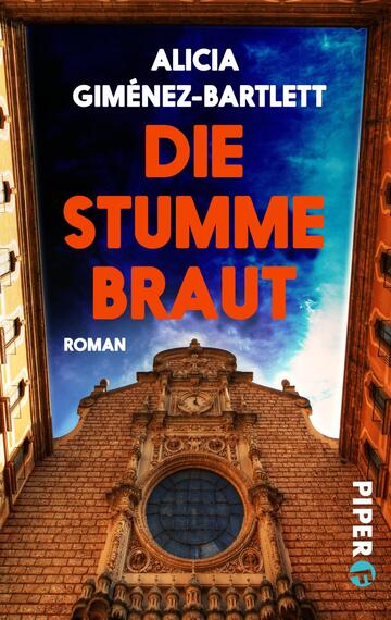 Das Buchcover zeigt eine beeindruckende architektonische Perspektive eines Gebäudes mit warmen, beige-goldenen Steinen. Der Himmel darüber ist in tiefen Blau- und Türkistönen gehalten, die eine dramatische Stimmung erzeugen. Im Vordergrund steht der Titel „DIE STUMME BRAUT“ in großen, auffälligen, orangefarbenen Buchstaben. Darüber befindet sich der Name der Autorin „ALICIA GIMÉNEZ-BARTLETT“ in einer klaren, weißen Schrift. Unten rechts ist der Hinweis „Roman“ in kleinerer Schrift platziert.