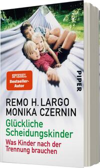 Das Buchcover zeigt drei Kinder, die entspannt in einer Hängematte sitzen. Die Farbgestaltung ist hell und freundlich, mit einem dominierenden Grün und sanften Beige- und Blautönen. Der Titel „Glückliche Scheidungskinder“ ist in grüner Schrift hervorgehoben, während die Autorennamen Remo H. Largo und Monika Czernin in Schwarz platziert sind. Unter dem Titel befindet sich der Untertitel „Was Kinder nach der Trennung brauchen“ in kleinerer schwarzer Schrift. Ein orangefarbenes Feld mit der Aufschrift „SPIEGEL Bestseller-Autor“ ergänzt das Cover.