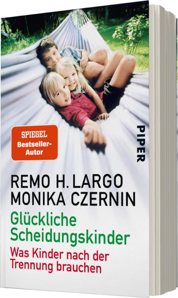 Das Buchcover zeigt drei Kinder, die entspannt in einer Hängematte sitzen. Die Farbgestaltung ist hell und freundlich, mit einem dominierenden Grün und sanften Beige- und Blautönen. Der Titel „Glückliche Scheidungskinder“ ist in grüner Schrift hervorgehoben, während die Autorennamen Remo H. Largo und Monika Czernin in Schwarz platziert sind. Unter dem Titel befindet sich der Untertitel „Was Kinder nach der Trennung brauchen“ in kleinerer schwarzer Schrift. Ein orangefarbenes Feld mit der Aufschrift „SPIEGEL Bestseller-Autor“ ergänzt das Cover.