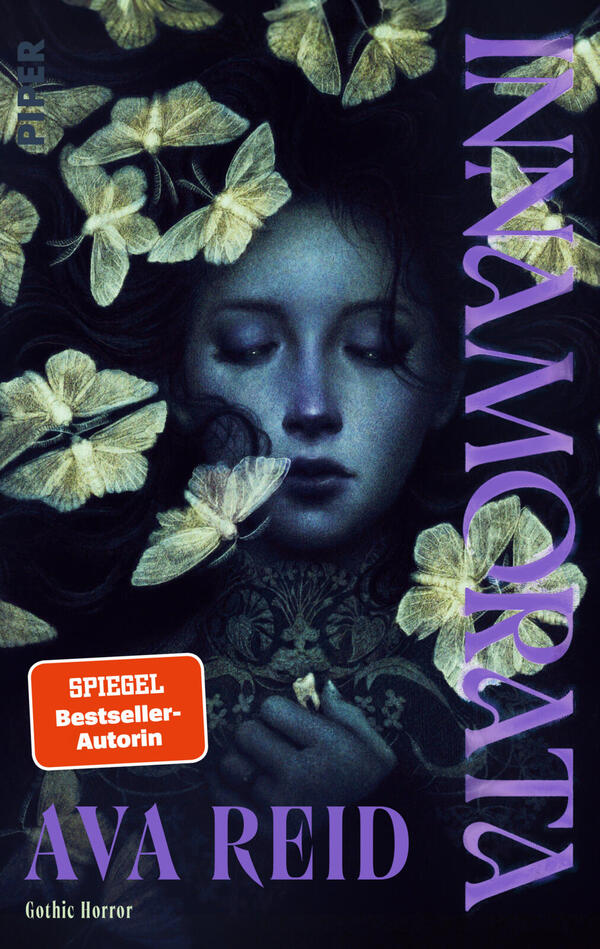 Das Buchcover zeigt ein blasses Frauenportrait mit geschlossenen Augen, umgeben von hellgelben Schmetterlingen auf dunkelgrünem bis schwarzem Hintergrund; diagonal rechts steht groß in violetter Serifenschrift der Titel „INNAVORATA“, unten links der Name der Autorin „AVA REID“ in derselben violetten Schrift; ein orange-rotes Rechteck trägt den weißen Schriftzug „SPIEGEL Bestseller-Autorin“.