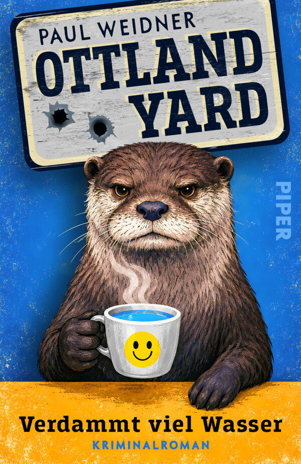 Das Buchcover zeigt einen ernst blickenden Otter, frontal dargestellt, der eine weiße Tasse mit gelbem Smiley und blauer Flüssigkeit hält; aus der Tasse steigt Dampf. Im oberen Bereich ein verwittertes Schild mit dem Autorennamen „Paul Weidner“ und dem großen, dunkelblauen Titel „OTTLAND YARD“ mit Einschusslöchern. Unten ein gelber Streifen mit dem schwarzen Titeltext „Verdammt viel Wasser“; die Farbgebung in kräftigem Blau, Gelb und Dunkeln vermittelt eine lakonisch-düstere Krimi-Stimmung.