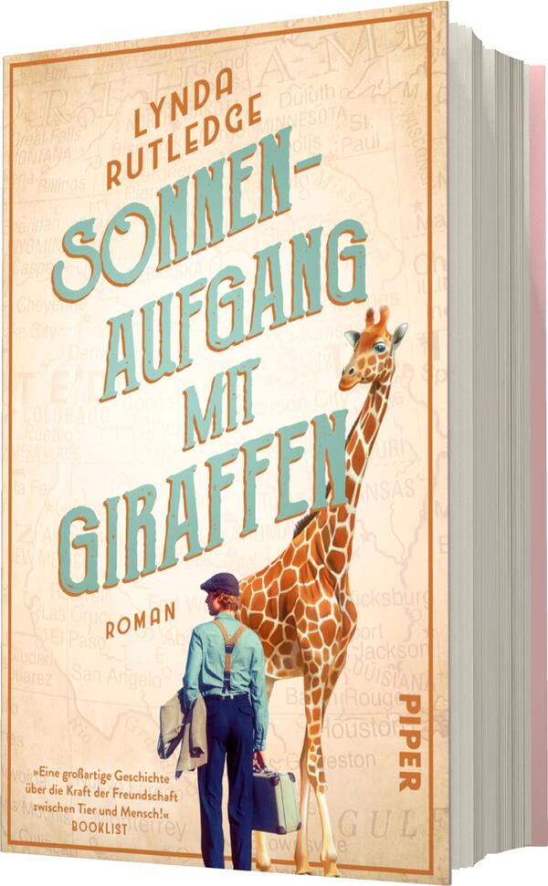 Das Buchcover zeigt eine sanfte, pastellfarbene Hintergrundgestaltung mit einer Karte im Hintergrund. Im Vordergrund steht eine männliche Figur in eleganter Kleidung, die in Richtung einer Giraffe blickt. Die Giraffe hebt ihren Kopf und lächelt freundlich. Der Titel „SONNEN-AUFGANG MIT GIRAFFEN“ ist in großen, türkisfarbenen Buchstaben gestaltet und zieht die Aufmerksamkeit auf sich. Der Autorennamen Lynda Rutledge ist oben in einem kleineren, goldenen Schriftzug platziert. Der Untertitel „Roman“ steht in einem lesbaren, klaren Stil unter dem Titel.