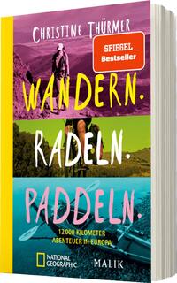 Das Buchcover zeigt einen bunten Dreiteiler mit den Worten „WANDERN.“, „RADDELN.“ und „PADDLELN.“, die jeweils in großen, auffälligen Buchstaben auf lila, grün und aquamarinfarbenem Hintergrund stehen. Oben ist ein Wanderer zu sehen, während im unteren Teil Paddel und Fahrrad im Vordergrund platziert sind. Der Titel und die Autorin „Christine Thürmer“ sind oben auf dem Cover abgedruckt. Ein rotes Feld mit dem Text „SPIEGEL Bestseller“ befindet sich in der oberen rechten Ecke. Im unteren Teil steht „12.000 Kilometer Abenteuer in Europa“ in kleinerer Schrift.
