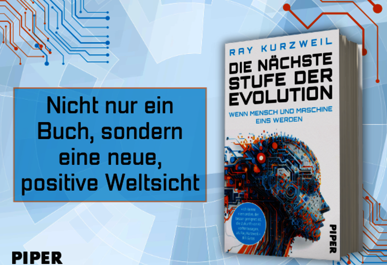 Buchcover „Die nächste Stufe der Evolution“ auf gestaltetem Hintergrund