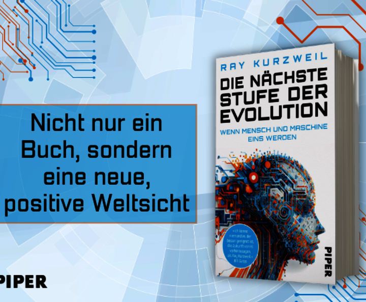 Buchcover „Die nächste Stufe der Evolution“ auf gestaltetem Hintergrund