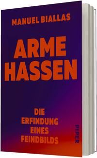 Das Buchcover zeigt einen dunkelviolett bis rotorange verlaufenden Hintergrund. Oben steht in orange der Autorenname „Manuel Biallas“. Groß in kräftigem Orange zentriert der Titel „ARME HASSEN“. Darunter in kleinerer orangefarbener Großschrift der Untertitel „DIE ERFINDUNG EINES FEINDBILDS“. Stimmung: drastisch, warnend.