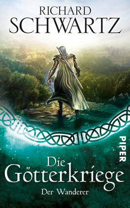 Das Buchcover zeigt einen mystischen Landschaftshorizont mit sanften Hügeln und einem geheimnisvollen, nebelverhangenen Himmel. Im Vordergrund steht eine schattenhafte Figur in einem langen, silbernen Umhang, die mit einem Schwert bewaffnet ist und in Richtung der Landschaft blickt. Die Farbgebung ist geprägt von satten Grüntönen und einem sanften Türkisblau. Der Titel „Die Götterkriege“ und der Untertitel „Der Wanderer“ sind in eleganter, geschwungener Schrift in Weiß gehalten. Oben steht der Autor „Richard Schwartz“ in klarer, schwarzer Typografie.