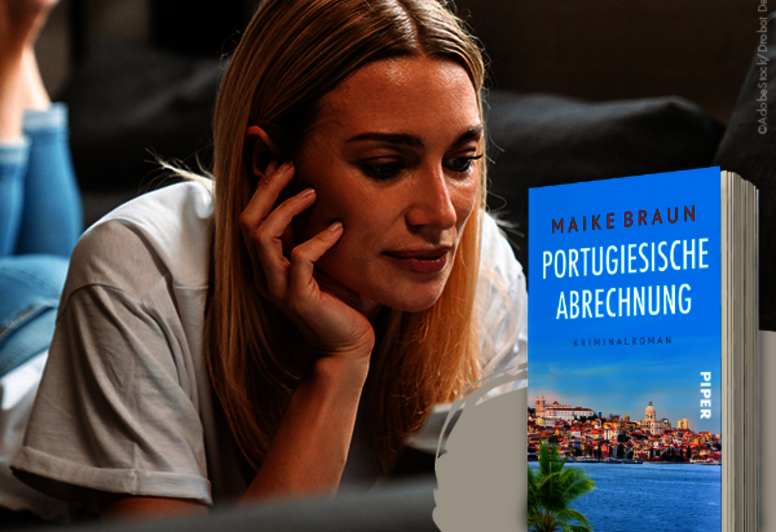 Maike Brauns Buch „Portugiesische Abrechnung“ neben einer lesenden Frau