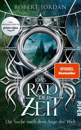 Das Rad der Zeit 1 Das Buchcover zeigt einen mächtigen, geschwungenen Metallrahmen in silberner Farbe, der einen großen, grünen Kreis umschließt. Innerhalb des Kreises erscheint eine Landschaft mit geheimnisvollen Bergen und einem Himmel, der durch Wolken aufgelockert ist. Der Titel „DAS RAD DER ZEIT“ ist in kräftiger, verschnörkelter Schrift in der Mitte platziert, während oberhalb der Autorenname „ROBERT JORDAN“ zu lesen ist. Unten rechts steht „PIPER“. Ein rotes Kästchen mit dem Text „SPIEGEL Bestseller“ ist in der oberen rechten Ecke angebracht, sowie ein graues Logo mit dem Text „EINE ORIGINAL-SERIE BEI prime video“ oben links.