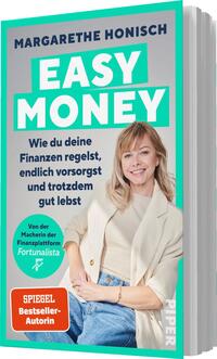 Das Buchcover zeigt einen hellen, mintgrünen Hintergrund. In großen, weißen Buchstaben steht der Titel „EASY MONEY“ prominent im oberen Bereich. Darunter befindet sich der Untertitel „Wie du deine Finanzen regelst, endlich vorsorgst und trotzdem gut lebst“ in einer schlichten, grauen Schrift. Auf der rechten Seite ist eine lächelnde Frau mit braunen Haaren in einem hellen Outfit abgebildet. Am unteren Rand steht der Hinweis „Von der Macherin der Finanzplattform Fortunalista“ sowie „SPIEGEL Bestseller-Autorin“ in kleinerer Schrift.