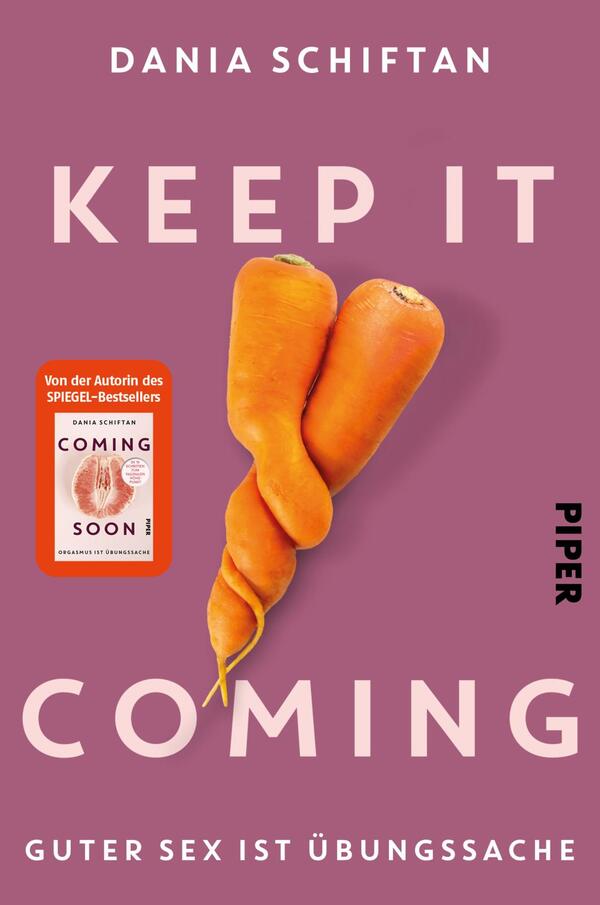 Das Buchcover zeigt einen violetten Hintergrund mit großen, auffälligen Buchstaben. Der Titel „KEEP IT COMING“ ist in kräftigem Weiß und Schwarz gehalten und zieht sofort die Aufmerksamkeit auf sich. In der Mitte des Covers befindet sich eine markante, orangefarbene Karotte, die dem Titel eine humorvolle Note verleiht. Oben steht der Autorinnennamen „Dania Schiftan“ in kleinerer Schrift, während unten der Zusatz „GUTER SEX IST ÜBUNGSSACHE“ in kleinerer, klarer Schrift erscheint. In der oberen linken Ecke befindet sich ein rotes Kästchen mit dem Hinweis „Von der Autorin des SPIEGEL-Bestsellers“.