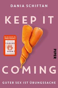 Das Buchcover zeigt einen violetten Hintergrund mit großen, auffälligen Buchstaben. Der Titel „KEEP IT COMING“ ist in kräftigem Weiß und Schwarz gehalten und zieht sofort die Aufmerksamkeit auf sich. In der Mitte des Covers befindet sich eine markante, orangefarbene Karotte, die dem Titel eine humorvolle Note verleiht. Oben steht der Autorinnennamen „Dania Schiftan“ in kleinerer Schrift, während unten der Zusatz „GUTER SEX IST ÜBUNGSSACHE“ in kleinerer, klarer Schrift erscheint. In der oberen linken Ecke befindet sich ein rotes Kästchen mit dem Hinweis „Von der Autorin des SPIEGEL-Bestsellers“.