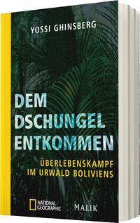 Das Buchcover zeigt einen dichten Dschungel mit grünen Pflanzen im Hintergrund. Der Titel „DEM DSCHUNGEL ENTKOMMEN“ ist in großen, blauen Buchstaben hervorgehoben, während der Untertitel „ÜBERLEBENSKAMPF IM URWALD BOLIVIENS“ in gelben Kleinbuchstaben darunter steht. Die Farben des Covers sind hauptsächlich grün und gelb, was eine lebendige und abenteuerliche Atmosphäre erzeugt. Der Autor Yossi Ghinsberg ist oben auf dem Cover in Weiß platziert.
