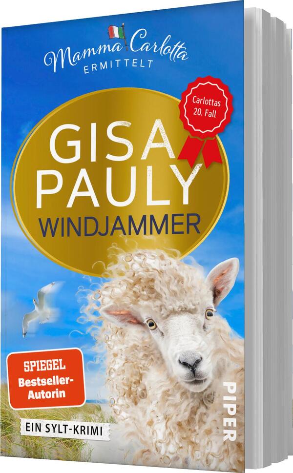 Das Buchcover zeigt einen blauen Hintergrund mit einem großen gelben Kreis, auf dem der Titel „WINDJAMMER“ in Großbuchstaben steht. Darunter ist der Name „GISA PAULY“ in einer auffallenden Schriftart zu sehen. Ein weißes Schaf mit einem neugierigen Blick ist im Vordergrund platziert. Eine Möwe schwebt links im Bild. Oben links steht „Mamma Carlotta ermittelt“ in kleinerer Schrift, sowie der Hinweis „SPIEGEL Bestseller-Autorin“ und das Zeichen „Carlottas 20. Fall“ in Rot.