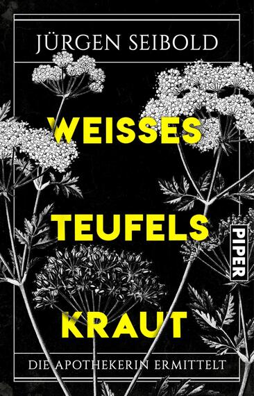 Das Buchcover zeigt auf schwarzem Hintergrund stilisierte botanische Illustrationen von Kräutern in Weiß. Der Titel „WEISSES TEUFELS-KRAUT“ ist in großen, leuchtend gelben Buchstaben zentral platziert, wodurch er stark hervortritt. Der Autor, Jürgen Seibold, ist am oberen Rand in kleinerer Schriftgröße dargestellt. Unten rechts befindet sich das Verlagslogo „PIPER“. Die Gestaltung vermittelt eine düstere und geheimnisvolle Atmosphäre, passend zum Thema des Krimis.