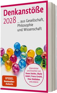 Das Buchcover zeigt einen weißen Hintergrund mit pinkem Rahmen. Oben links der Titel in fetter serifenloser Schrift „Denkanstöße“ und darunter „2028“ in Pink, gefolgt von der schwarzen Unterzeile „... aus Gesellschaft, Philosophie und Wissenschaft“. Im unteren Bereich eine Ansammlung transparenter Glasmurmeln (Gelb, Orange, Blau, Grün, Pink). Ein runder, rosa umrandeter Hinweis trägt den Text „Erkenntnisse und Einsichten von Ronen Steinke, Sibylle Anderl, Franca Cerutti, Peter Wohlleben und anderen“. Unten links ein orange Rechteck mit dem Text „SPIEGEL Bestseller‑Autorin“. Wirkung: frisch und einladend.
