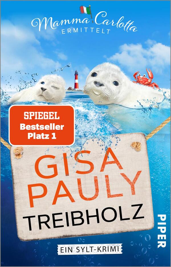 Das Buchcover zeigt eine maritime Szenerie mit zwei niedlichen Seehunden im Wasser und einem roten Krebs. Im Hintergrund ist ein Leuchtturm sichtbar, während der Himmel hellblau und freundlich wirkt. Der Titel „TREIBHOLZ“ ist prominent in großer, schwarzer Schrift platziert, während der Autorenname „GISA PAULY“ darunter in einer etwas kleineren Schriftgröße steht. Oben links befindet sich ein rotes Feld mit dem Text „SPIEGEL Bestseller Platz 1“. Am unteren Rand steht „ein Sylt-Krimi“ in kleinerem, schwarzem Text.