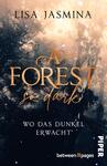 Das Buchcover zeigt eine mystische Waldszene mit dunklen Baumsilhouetten im Hintergrund, während zarte lila und goldene Lichteffekte wie Glitzer wirken. Der Titel „A FOREST so dark“ ist in großen, goldenen Buchstaben gestaltet, mit einer verspielten Schriftart für das Wort „so dark“. Darunter steht in schlichter, weißer Schrift „WO DAS DUNKEL ERWACHT“. Der Autorinnenname „LISA JASMINA“ ist oben in eleganter, schwarzer Schrift platziert.