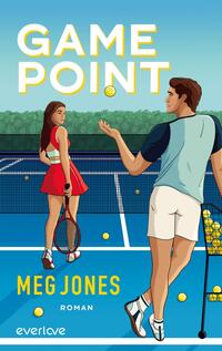Das Buchcover zeigt eine Tennis-Szene auf einem Platz, mit zwei jungen Erwachsenen im Vordergrund. Die Frau trägt ein rotes Kleid und hält einen Tennisschläger, während der Mann in blauer Sportkleidung mit einem Tennisball in der Hand zu ihr blickt. Im Hintergrund sind grüne Bäume und ein Netz sichtbar. Der Titel „GAME POINT“ ist groß und gelb auf dem oberen Teil des Covers platziert, während der Autorenname „MEG JONES“ in etwas kleinerer Schrift darunter steht. Die Atmosphäre wirkt lebhaft und sportlich.