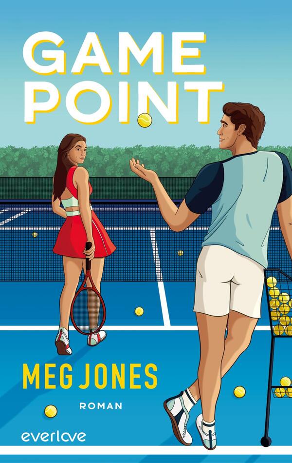 Das Buchcover zeigt eine Tennis-Szene auf einem Platz, mit zwei jungen Erwachsenen im Vordergrund. Die Frau trägt ein rotes Kleid und hält einen Tennisschläger, während der Mann in blauer Sportkleidung mit einem Tennisball in der Hand zu ihr blickt. Im Hintergrund sind grüne Bäume und ein Netz sichtbar. Der Titel „GAME POINT“ ist groß und gelb auf dem oberen Teil des Covers platziert, während der Autorenname „MEG JONES“ in etwas kleinerer Schrift darunter steht. Die Atmosphäre wirkt lebhaft und sportlich.