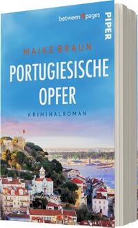 Das Buchcover zeigt eine malerische Aussicht auf eine Stadt mit bunten Häusern und grüner Vegetation im Vordergrund, während im Hintergrund ein stattliches Schloss und der blaue Himmel mit sanften Wolken sichtbar sind. Der Titel „Portugiesische Opfer“ ist in großer, weißer Schrift platziert, von der Autorin „Maike Braun“ in auffälligem Orange ergänzt. Unten steht „Kriminalroman“ in kleiner, heller Schrift. Die Atmosphäre ist geprägt von mediterranem Flair und einer spannungsgeladenen Stimmung.
