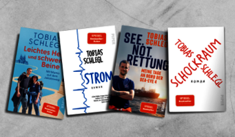 Buchcover der Bücher „Leichtes Herz und schwere Beine“, „Strom“, „See. Not. Rettung“, „Schockraum“ von Tobias Schlegel