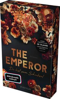 Das Buchcover zeigt eine dunkle, florale Komposition mit üppigen, bunten Blumen in Rottönen und sanften Crementönen, die dominant in den oberen und unteren Bereichen platziert sind. Der Titel „THE EMPEROR“ ist in großen, goldenen Buchstaben zentriert, darunter steht „ROMAN“ in kleinerer Schrift, gefolgt von „Du bist sein Schicksal“ in einer eleganten Schriftart. Oben links befindet sich der Autorenname „RuNgx“. Eine Lesempfehlung und eine Content-Warnung sind in einem weißen Kreis eingebettet. Ein Button mit der Aufschrift „#tiktokmade mebuyit“ ist in das Design integriert.
