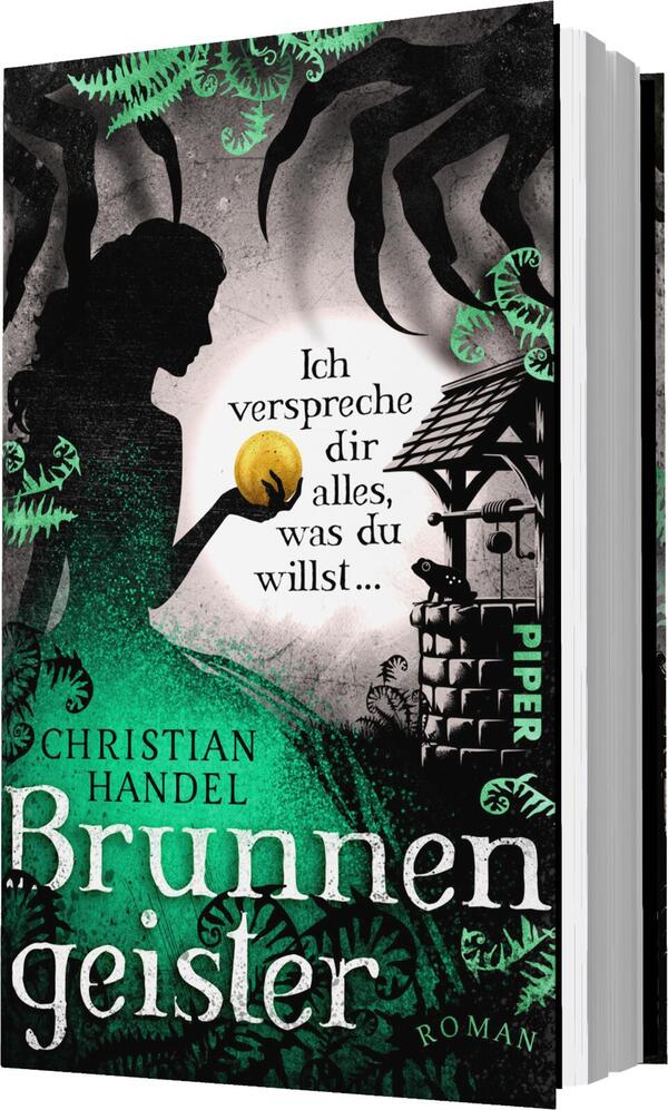 Das Buchcover zeigt eine stilisierte Silhouette einer mysteriösen Figur, die einen goldenen Gegenstand in der Hand hält. Im Hintergrund ist ein Brunnen abgebildet, umgeben von üppigem, grünem Laub. Der Titel „Brunnengeister“ ist in auffälliger, weißer Schrift am unteren Rand platziert, während der Autor „Christian Handel“ in kleinerer Schrift darüber steht. Der obere Teil des Covers enthält den Satz: „Ich verspreche dir alles, was du willst...“ in eleganter, geschwungener Typografie. Die Farbpalette ist überwiegend grau mit grünen und weißen Akzenten, was eine geheimnisvolle Atmosphäre erzeugt.