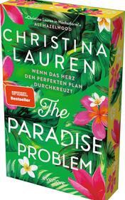 Das Buchcover zeigt eine lebendige grüne Farbpalette mit tropischen Pflanzenmotiven und bunten Blumen in Pink und Weiß. Der Titel „The Paradise Problem“ ist prominent in einer eleganten, weißen Schriftart gesetzt, während der Name der Autorin, Christina Lauren, in größerer, serifenloser Schrift darüber steht. Unter dem Titel befindet sich der Untertitel „Wenn das Herz den perfekten Plan durchkreuzt“ in kleinerer Schrift. Die Gestaltung vermittelt eine fröhliche, sommerliche Atmosphäre.