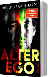 Das Buchcover zeigt ein dunkles Cover mit einem mittig geteilten männlichen Gesicht; linke Seite älter und schattiert, rechte Seite jünger und heller. Vertikale Farbstreifen in Rot, Grün und Gelb überlagern das Porträt. Der Titel ALTER EGO steht groß, blockhaft und teils strukturiert in Rot/Gelb, darunter klein „Roman“. Oben erscheint der Autorname Benedikt Gollhardt in Weiß. Rechts oben ein orangefarbener Button „SPIEGEL Bestseller-Autor“. Atmosphäre: düster, spannungsgeladen.