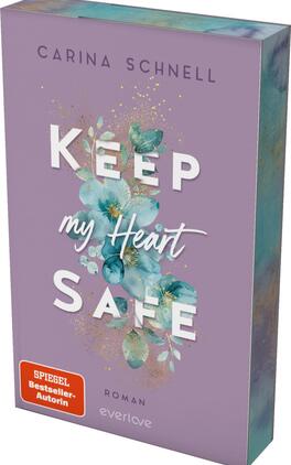 Das Buchcover zeigt einen leichten lila Hintergrund, der von zarten, grünen und blauen Blumenmotiven geschmückt wird. In der Mitte ist der Titel „KEEP my Heart SAFE“ prominent platziert, wobei „KEEP“ und „SAFE“ in Großbuchstaben und auffälliger Schriftart hervorgehoben sind. Der Schriftzug „my Heart“ ist in einer verspielten, handgeschriebenen Schrift gestaltet. In der unteren linken Ecke befindet sich ein rotes Feld mit dem Schriftzug „SPIEGEL Bestseller-Autorin“. Das Cover vermittelt eine romantische und einladende Atmosphäre.