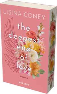 Das Buchcover zeigt einen sanften, rosa Hintergrund. Im Vordergrund sind üppige, blühende Blumen in verschiedenen Farben wie Pink, Weiß und Gelb zu sehen. In der Mitte des Covers steht in großen weißen Buchstaben der Titel „the deepest end of love“, darüber der Name der Autorin Lisina Coney. Im unteren Teil befindet sich das Wort „Roman“ in kleinerer Schrift. Die gesamte Gestaltung vermittelt eine warme und einladende Atmosphäre.
