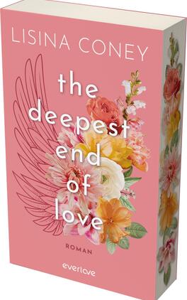 Das Buchcover zeigt einen sanften, rosa Hintergrund. Im Vordergrund sind üppige, blühende Blumen in verschiedenen Farben wie Pink, Weiß und Gelb zu sehen. In der Mitte des Covers steht in großen weißen Buchstaben der Titel „the deepest end of love“, darüber der Name der Autorin Lisina Coney. Im unteren Teil befindet sich das Wort „Roman“ in kleinerer Schrift. Die gesamte Gestaltung vermittelt eine warme und einladende Atmosphäre.