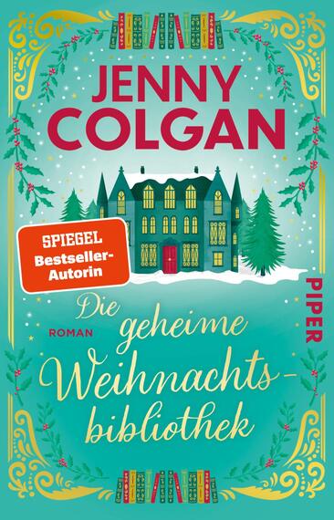 Das Buchcover zeigt eine festlich geschmückte Weihnachtsbibliothek. Im Hintergrund ist ein großes, mit Büchern gefülltes Regal zu sehen, das von einem Torbogen umrahmt wird. Links steht ein üppig dekorierter Weihnachtsbaum, der mit bunten Kugeln und Lichtern geschmückt ist. Die dominante Farbpalette umfasst warme Gold- und Grüntöne, die eine einladende Atmosphäre schaffen. Der Titel „Die geheime Weihnachtsbibliothek“ ist in eleganten, geschwungenen Buchstaben gesetzt, während „Jenny Colgan“ in einer auffälligen, großen Schriftart erscheint. Oben links befindet sich ein rotes Siegel mit dem Text „SPIEGEL-Bestseller-Autorin“.
