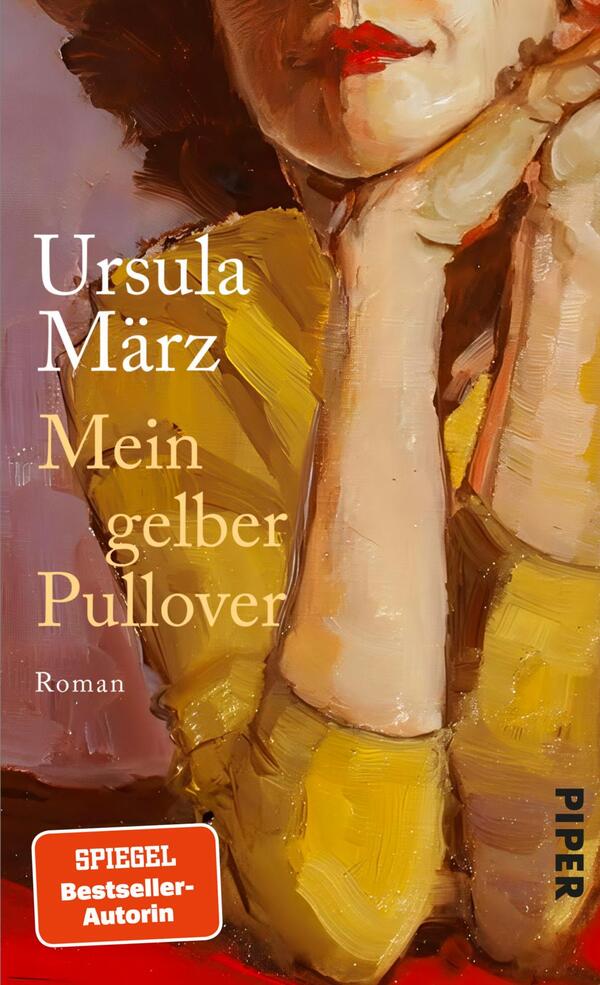 Das Buchcover zeigt eine stilisierte, farbenfrohe Malerei einer Frau mit rotem Lippenstift, die den Blick nachdenklich erhebt. Sie trägt einen gelben Pullover und hat die Arme in einem entspannten, anziehenden Posen angelegt. Die Farbpalette besteht aus warmen Gelbtönen, sanften Beigenuancen und kräftigem Rot. Der Titel „Mein gelber Pullover“ sowie der Autorennamen „Ursula März“ sind in eleganter Schrift in Weiß hervorgehoben. Unter dem Titel steht „Roman“, während ein abgerundetes Logo den Hinweis „SPIEGEL Bestseller-Autorin“ enthält.