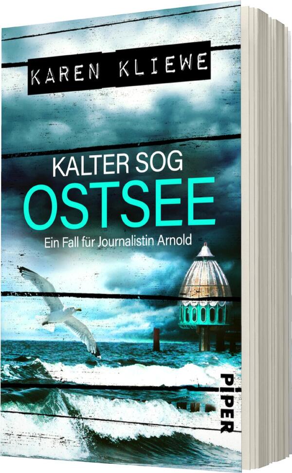 Das Buchcover zeigt eine stürmische Ostsee mit dunklen Wolken und schaumgekrönten Wellen. Im Vordergrund steht ein Möwe, die über den Wasserflächen fliegt. In der Mitte des Covers ist der Titel „KALTER SOG OSTSEE“ in auffälligem Türkis zu sehen, unter dem sich der Untertitel „Ein Fall für Journalistin Arnold“ in schlichter Schrift befindet. Oben steht der Name „KAREN KLIEWE“ auf einem schwarzen Hintergrund. Die Atmosphäre vermittelt Spannung und Geheimnis.