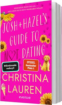 Das Buchcover zeigt einen kräftig pinken Hintergrund mit dezenten Pfotenabdrücken und verspielten Bildern wie Sonnenblumen, eine gelbe Hündin rechts, ein Eiswaffel unten links und gelbe Flügelfedern oben links. Der englische Titel ist in großen, handgezeichneten weißen Buchstaben gesetzt, der Autorenname „Christina Lauren“ in kräftigen gelben Großbuchstaben. Zwei Aufkleber sind sichtbar: schwarz-weiß „#tiktokmademebuyit“ und orange „SPIEGEL Bestseller Platz 1“. Stimmung: fröhlich, romantisch-lässig.