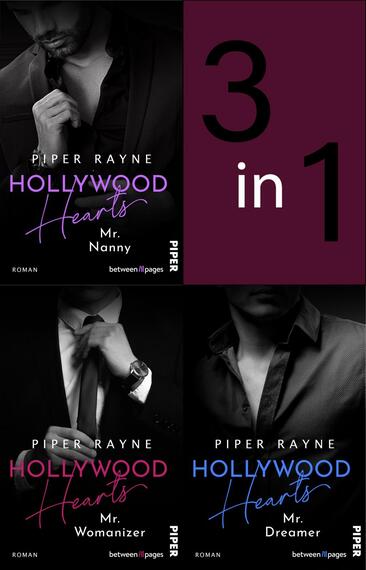 Das Buchcover zeigt eine collagierte Darstellung von drei männlichen Protagonisten in stilvollem Schwarz-Weiß. Die zentralen Titel „Hollywood Hearts“ und die jeweiligen Untertitel „Mr. Nanny“, „Mr. Womanizer“ und „Mr. Dreamer“ sind in verschiedenen Farben gehalten: Lila, Rot und Blau, was eine dynamische Atmosphäre erzeugt. Oben rechts ist die Zahl „3“ in großen, auffälligen Ziffern sichtbar, gefolgt von „in 1“. Unten links steht der Autorinnenname „Piper Rayne“ in einer eleganten Schriftart.