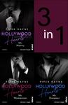Das Buchcover zeigt eine collagierte Darstellung von drei männlichen Protagonisten in stilvollem Schwarz-Weiß. Die zentralen Titel „Hollywood Hearts“ und die jeweiligen Untertitel „Mr. Nanny“, „Mr. Womanizer“ und „Mr. Dreamer“ sind in verschiedenen Farben gehalten: Lila, Rot und Blau, was eine dynamische Atmosphäre erzeugt. Oben rechts ist die Zahl „3“ in großen, auffälligen Ziffern sichtbar, gefolgt von „in 1“. Unten links steht der Autorinnenname „Piper Rayne“ in einer eleganten Schriftart.