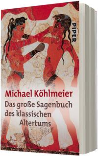 Das Buchcover zeigt eine rot-braun getönte Wandmalerei mit zwei einander zugewandten, stilisierten Figuren in antiker Ikonographie; helle Risse und beige Flecken wie gealterter Putz durchziehen die Oberfläche. Titel und Autor sind in großer Schrift unten links angeordnet: „Michael Köhlmeier“ in dunkelrot, darunter „Das große Sagenbuch des klassischen Altertums“ in braun. Auf der rechten Seite steht senkrecht der Verlagshinweis „PIPER“. Stimmung: historisch, archäologisch.