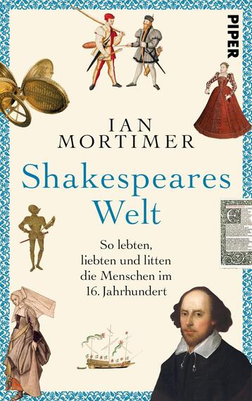 Das Buchcover zeigt eine hellblaue Hintergrundfarbe mit stilisierten Illustrationen von Menschen in historischen Kostümen des 16. Jahrhunderts, die den Rahmen bilden. Im Mittelpunkt steht der Titel „Shakespeares Welt“ in eleganter, leicht verspielter Schrift. Darunter ist der Untertitel „So lebten, liebten und litten die Menschen im 16. Jahrhundert“ in klarer, schlichter Schrift zu sehen. Oben links befindet sich der Autorname „IAN MORTIMER“ in betont modernisierter Schrift. Das Cover vermittelt eine ansprechende, historische Atmosphäre.
