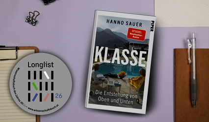 "Klasse" von Hanno Sauer liegt mit Schreibutensilien auf einem Tisch. Der nominiert-Button für das Wissenschaftsbuch des Jahres 2026 ist in der linken unteren Ecke zu sehen.